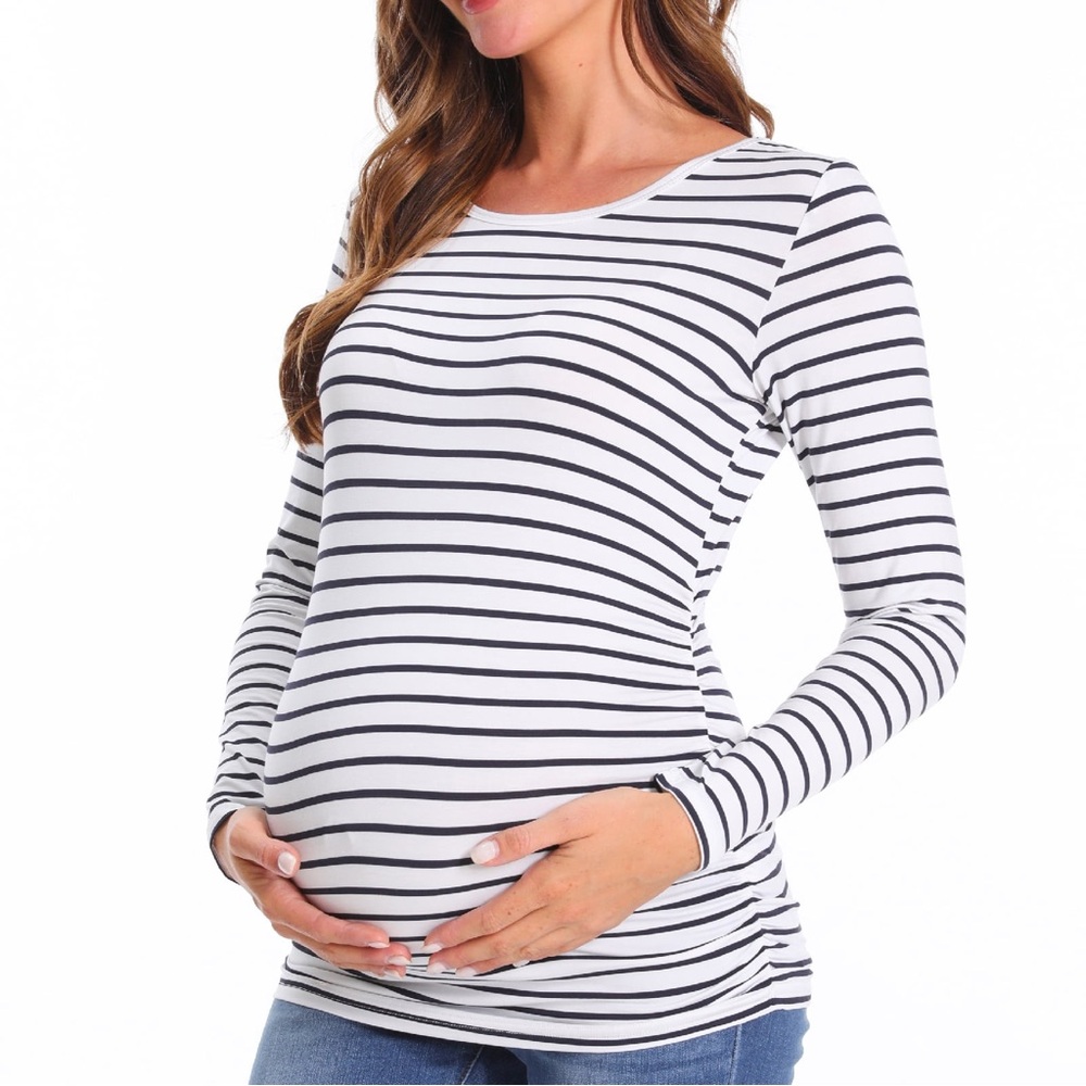 Sz M Ekouaer Women's Black and White Striped Maternity Top Longsleeve NWT